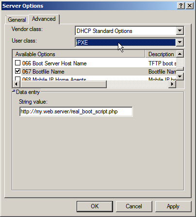 Setting the boot filename for iPXE clients