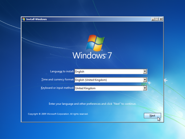 Windows 7 installer booted via wimboot